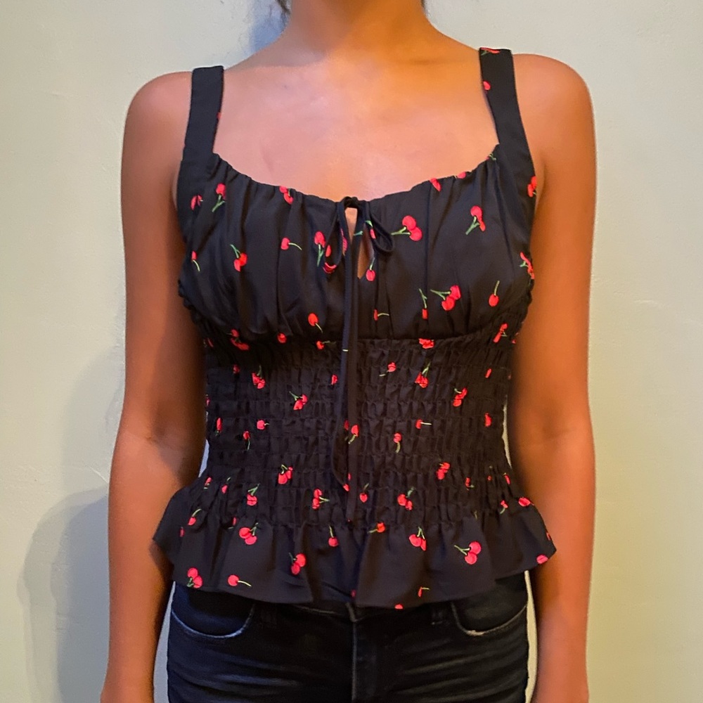 Topshop black tank with cherry print